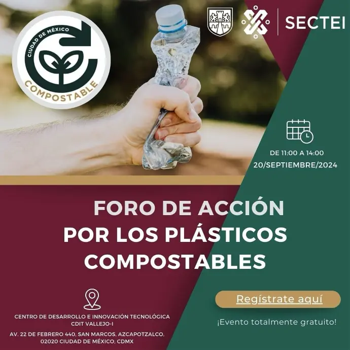 Poster of the Foro de Acción por los Plásticos Compostables, held in Mexico City on 20 September 2024