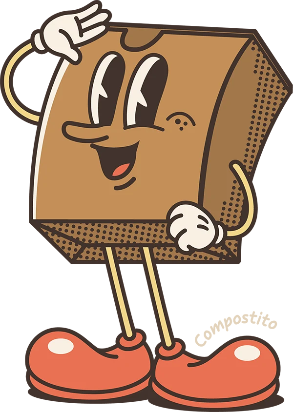 Compostito, la mascota de Compospack: una caja de cartón kraft ilustrada como personaje