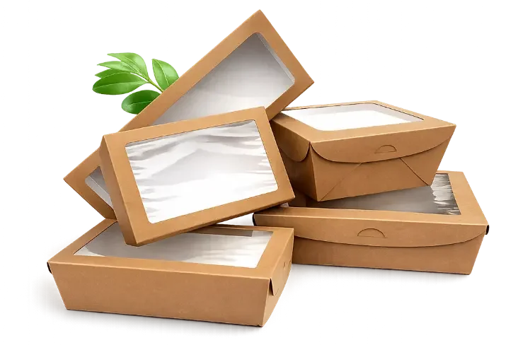 Contenedores de la línea Deli de Compospack, en papel Kraft con ventana de PLA