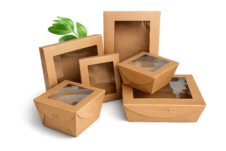 Contenedores de la línea Delivery de Compospack, en papel Kraft con ventana de PLA